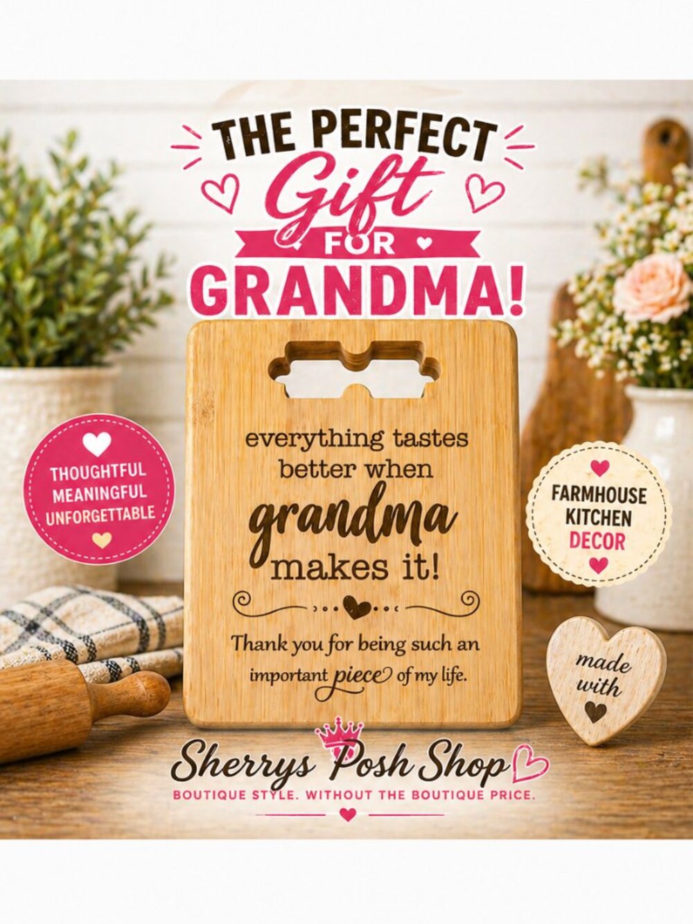 Grandma Cutting Board Gift Farmhouse Kitchen Decor Bamboo Engraved 11"L x 8.5"W
